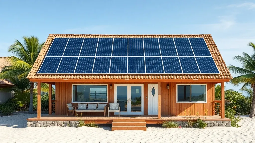 Painéis solares instalados no telhado de uma casa de veraneio próxima à praia, céu azul com nuvens