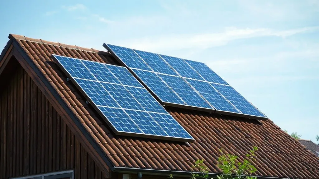 Painéis solares no telhado de uma casa residencial com banheiro iluminado ao fundo, representando o consumo do chuveiro elétrico
