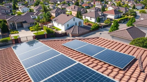 Casa em condomínio horizontal com painéis solares instalados no telhado, rua arborizada e portaria ao fundo