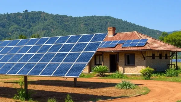 Fazenda com painéis solares instalados no telhado do galpão ao lado de pastagem verde e céu aberto