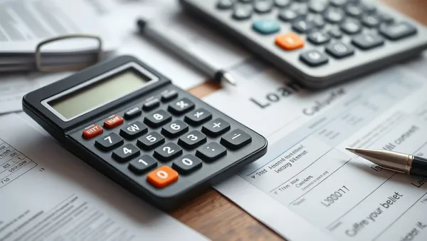 Calculadora, documentos de financiamento e canetas sobre mesa representando a escolha do prazo do empréstimo solar