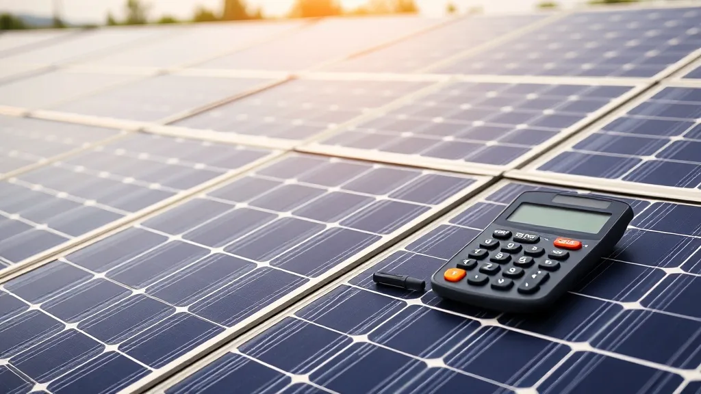 Calculadora, fatura de energia elétrica e módulo solar fotovoltaico sobre mesa