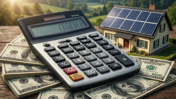Calculadora e formulário de restituição do Imposto de Renda sobre a mesa, com painéis solares residenciais visíveis pela janela ao fundo