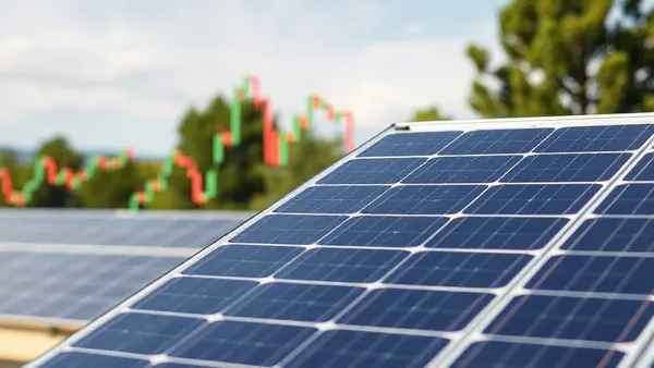 Gráfico de bolsa sobreposto a painéis fotovoltaicos representando comparação de investimentos