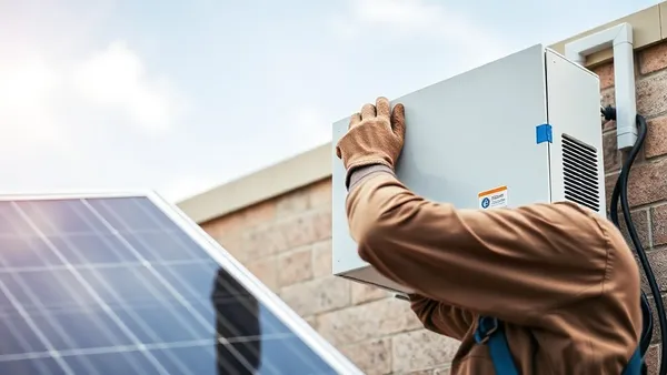 Eletricista trocando inversor solar de string em parede de área técnica residencial