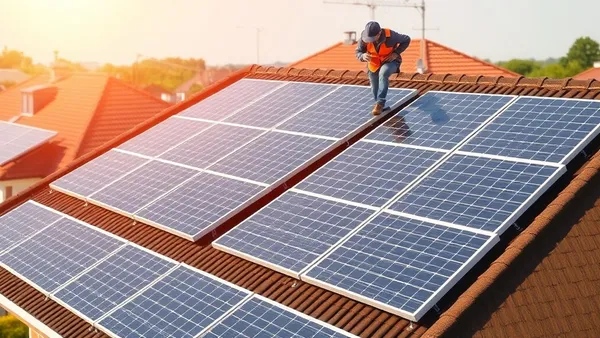 Telhado residencial com fileiras de painéis solares e planilha financeira sobreposta mostrando retorno por etapa