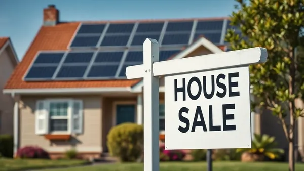 Placa de imóvel à venda em frente a uma casa com painéis solares no telhado, representando a decisão de instalar solar antes de mudar de residência