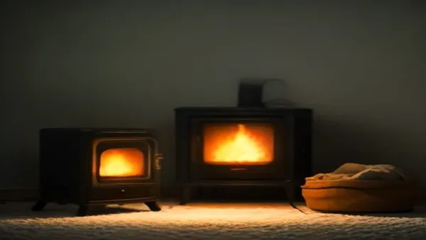Aquecedor elétrico portátil ligado em sala de estar residencial durante o inverno