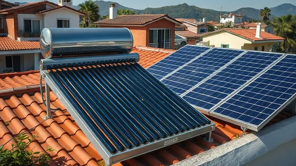 Telhado residencial com coletores solares térmicos para aquecimento de água e painéis fotovoltaicos instalados lado a lado