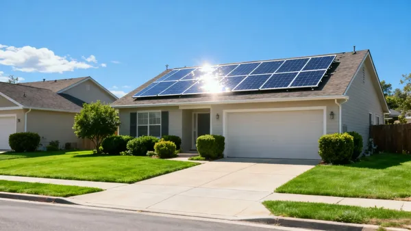 Casa com painéis solares no telhado sob o sol do meio-dia