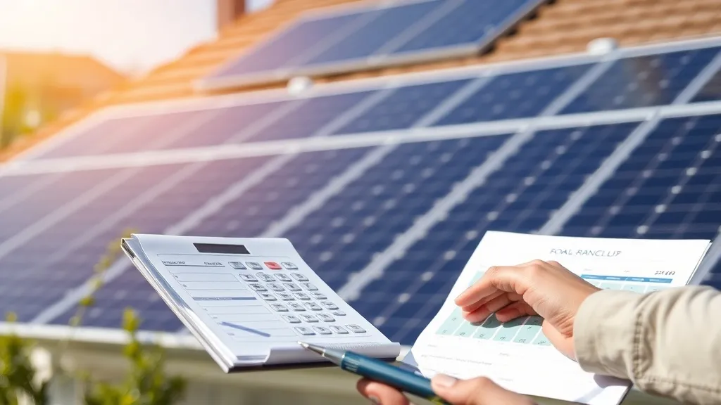 Conta de luz com calculadora e painel solar ao fundo representando dimensionamento de sistema fotovoltaico residencial