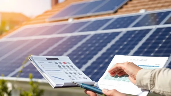 Conta de luz com calculadora e painel solar ao fundo representando dimensionamento de sistema fotovoltaico residencial