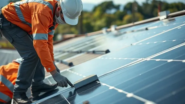 Técnico inspecionando painéis solares no telhado de uma casa residencial com prancheta na mão