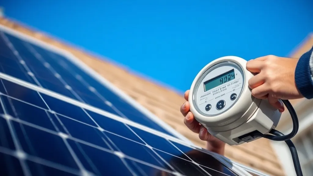 Técnico verificando medidor de energia elétrica em residência com sistema solar instalado no telhado