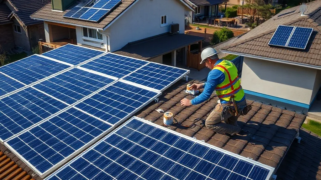 Instalação de painéis solares fotovoltaicos em telhado residencial com trabalhador fixando módulo