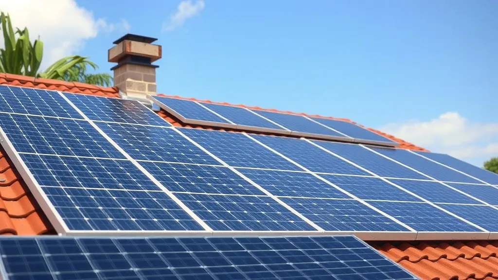 Sistema de painéis solares fotovoltaicos instalado em telhado residencial com céu azul ao fundo