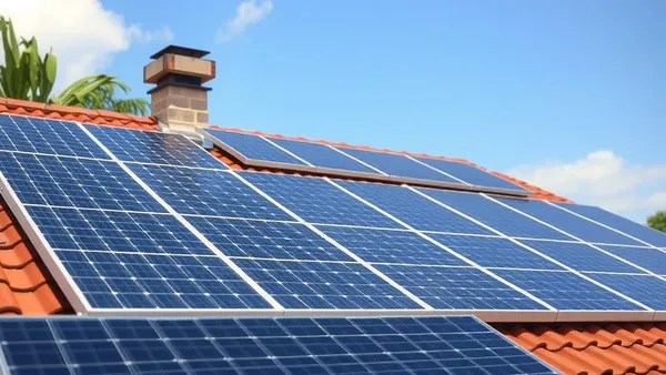 Sistema de painéis solares fotovoltaicos instalado em telhado residencial com céu azul ao fundo