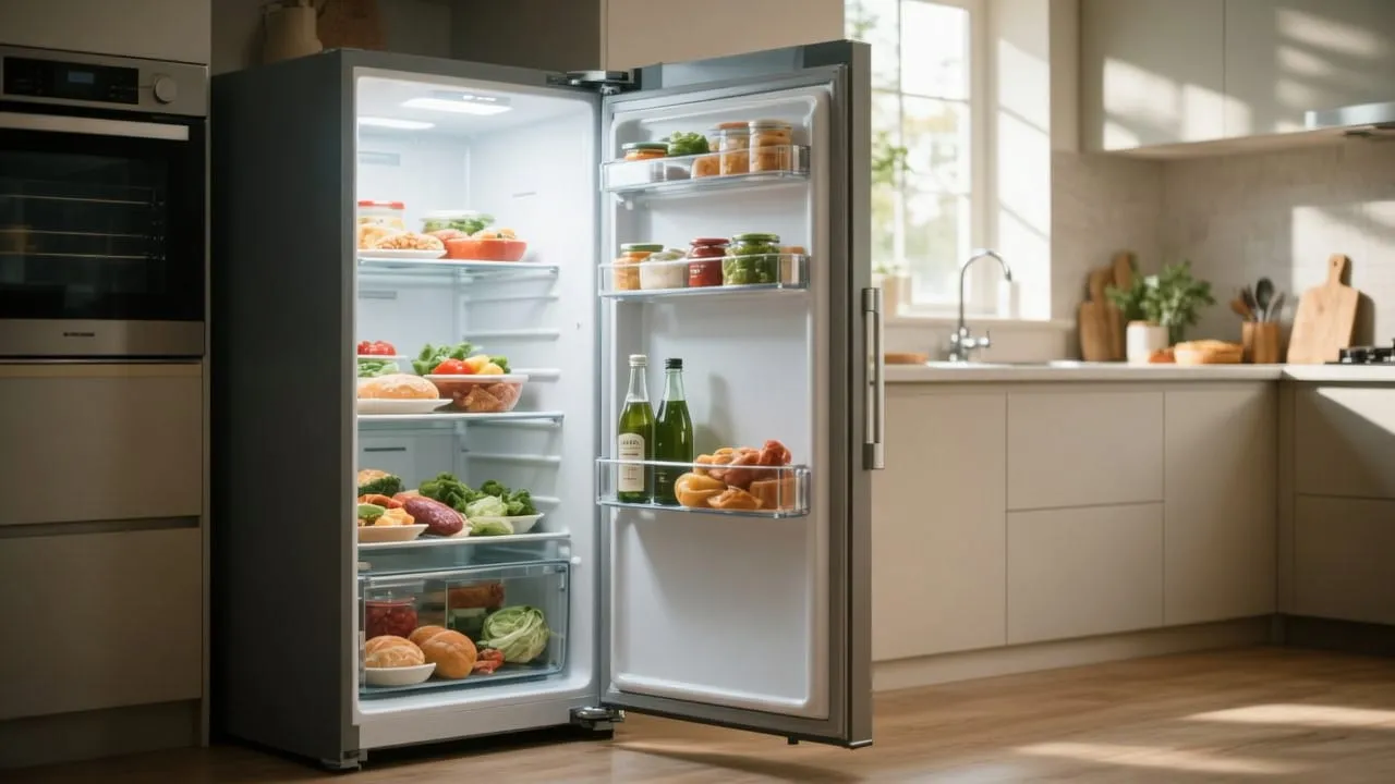 Geladeira aberta em cozinha residencial com prateleiras de alimentos sob luz natural