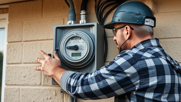 Técnico instalando medidor bidirecional de energia elétrica em padrão de entrada de casa residencial