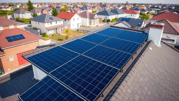 Casa residencial com painéis solares no telhado em bairro urbano