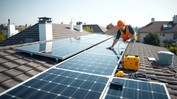 Painel solar fotovoltaico em telhado residencial com inversor e caixas de equipamentos ao lado