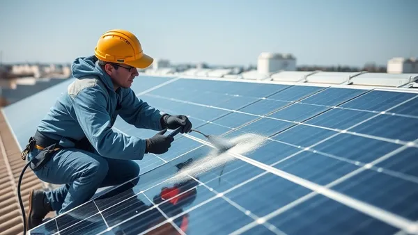 Técnico limpando painéis solares residenciais no telhado com pano e água