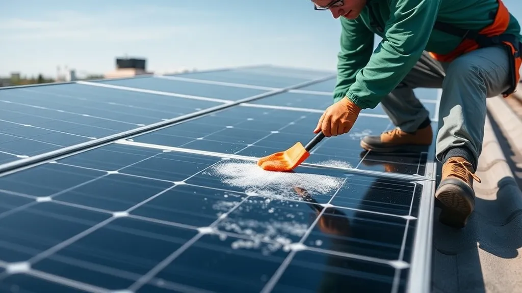 Painel solar fotovoltaico em telhado residencial sendo limpo com água e rodo de borracha