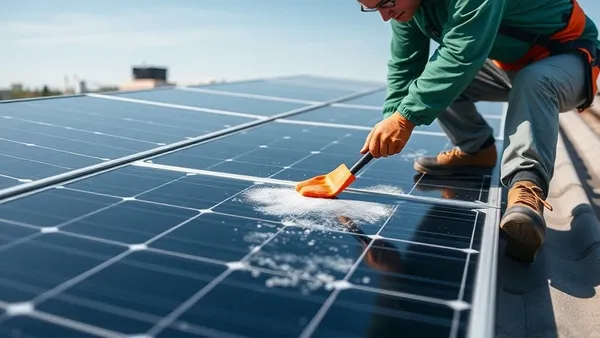 Painel solar fotovoltaico em telhado residencial sendo limpo com água e rodo de borracha
