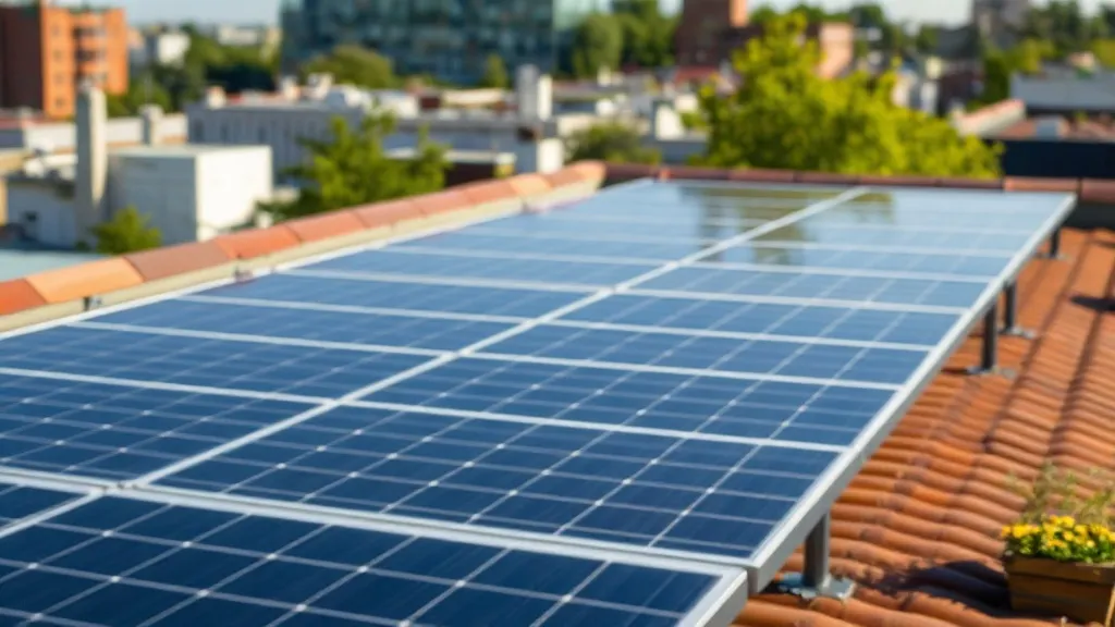 Painéis solares fotovoltaicos instalados em telhado residencial com ângulo de inclinação visível e céu azul ao fundo