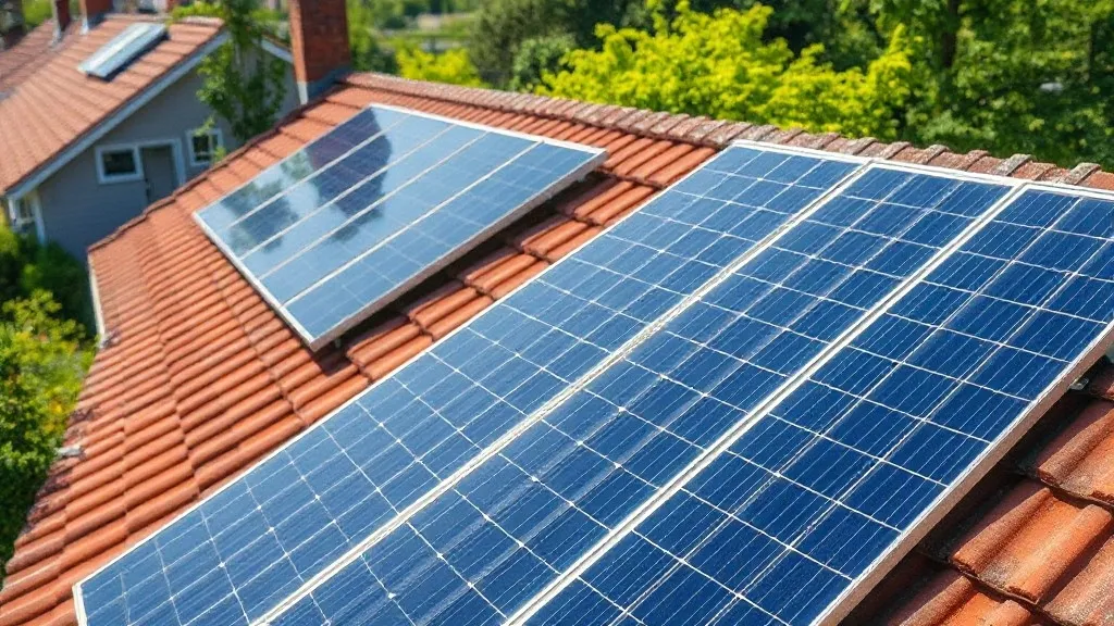 Telhado residencial com painéis solares projetando sombra sobre as telhas em dia de sol forte