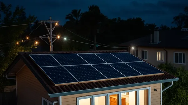 Casa residencial com painéis solares fotovoltaicos no telhado durante a noite, com a rua às escuras por queda de energia