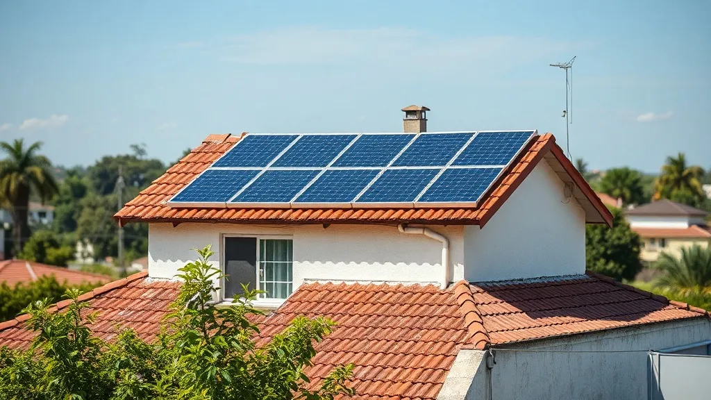 Painéis solares fotovoltaicos em telhado de casa residencial modesta sob céu claro