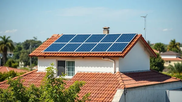 Painéis solares fotovoltaicos em telhado de casa residencial modesta sob céu claro