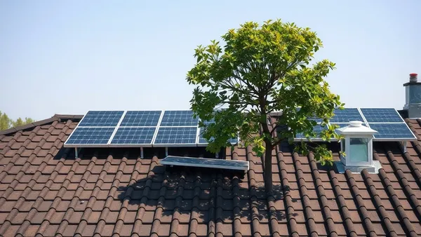 Painéis solares residenciais parcialmente sombreados por uma árvore