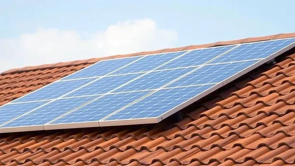 Painéis solares em telhado residencial com sombra parcial de árvore ao fundo