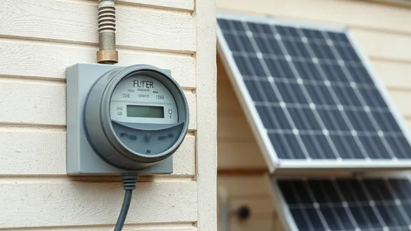 Medidor de energia elétrica residencial digital com relógio de horário e painel solar ao fundo