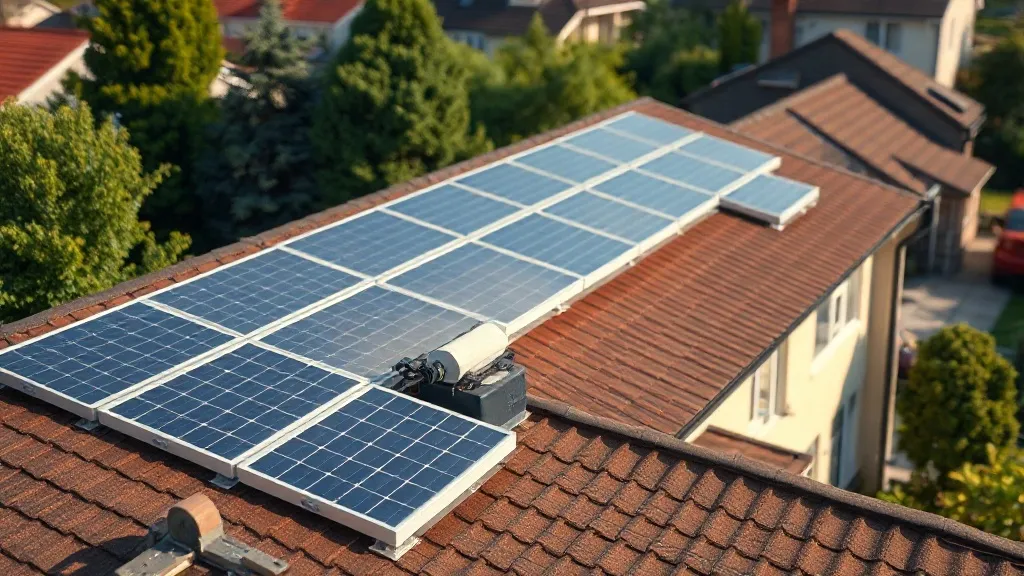 Painéis solares fotovoltaicos instalados em telhado residencial ao entardecer com céu alaranjado