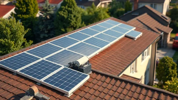 Painéis solares fotovoltaicos instalados em telhado residencial ao entardecer com céu alaranjado